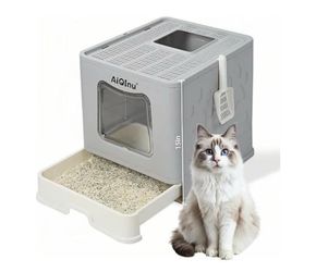 Foldable Cat Litter Box with Lid and Drawer and Scoop New, Open Box 18.9" x 15" x 15"