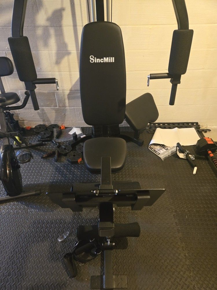 SincMill Home Gym Multifunctional Full Body Workout Equipment 148lbs for Home Exercise Fitness and Exercise Bike & floor mats