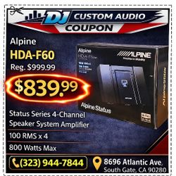Alpine HDA-F60 Status Series Hi-Res Class D 4 Channel Amplifier 800 Watts 🚨 Payment Options Available 🚨 No Credit Needed 🚨 