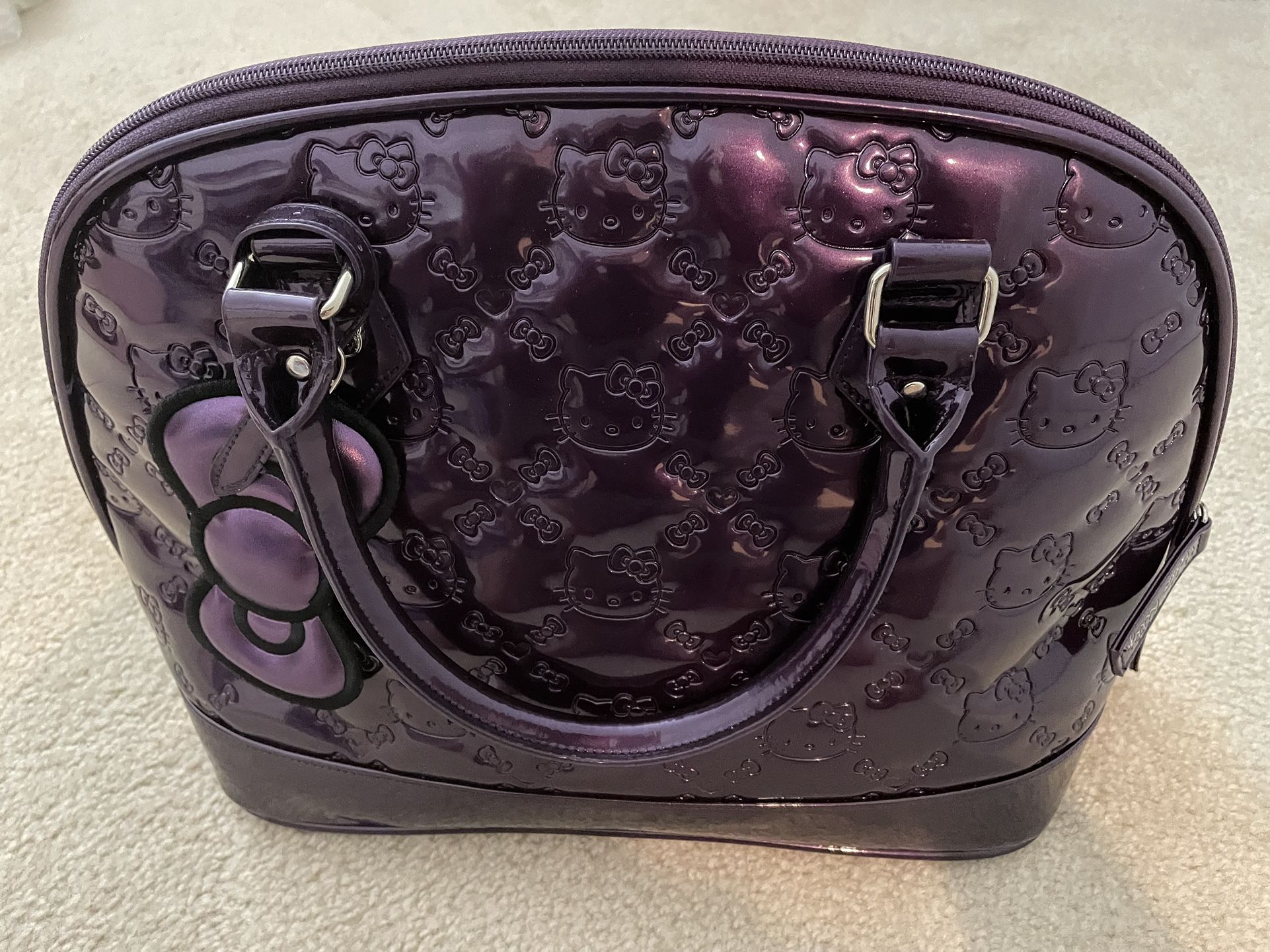 Loungefly Hello Kitty Purse Purple Embossed Bowler Bag Tote Sanrio Patent Leather