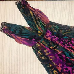 Multicolor Abstract Print Dress with Beaded Cuffs