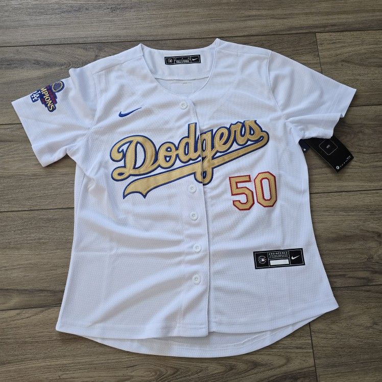 Women’s LA Dodgers White Gold Mookie Betts Stitched Jersey, S To 2xl