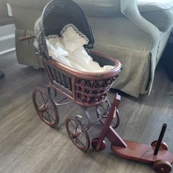 Antique Doll Stroller With Wooden Scotter