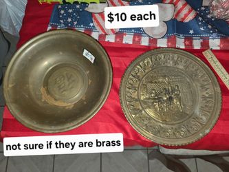 Chinese brass or bronze bowl, often used for decorative purposes or as a wealth basin,  brass wall plate from England features an embossed tavern scen