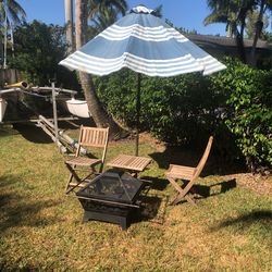Teak Furniture With Umbrella , Umbrella Stand And Firepit 