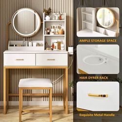 😀 Veanerwood Makeup Vanity Desk with Lights and Round Mirror, Modern Vanity Table Set with Drawers and Hair Rack, White & Gold