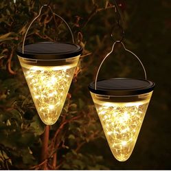 Solar Lantern Outdoor, 50 LEDs Warm Light Hanging Lights 2 Pack Decorative Lighting for Garden Yard Shepherd Hooks