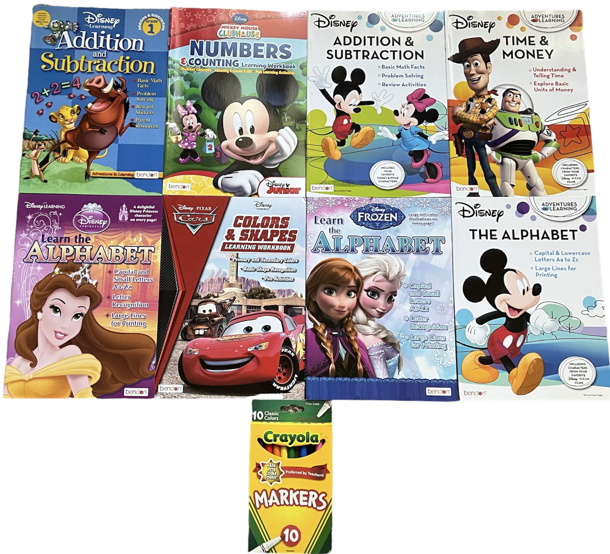 8 Disney Early Learning Workbooks Set for Kids with Crayola Markers Fine Line 