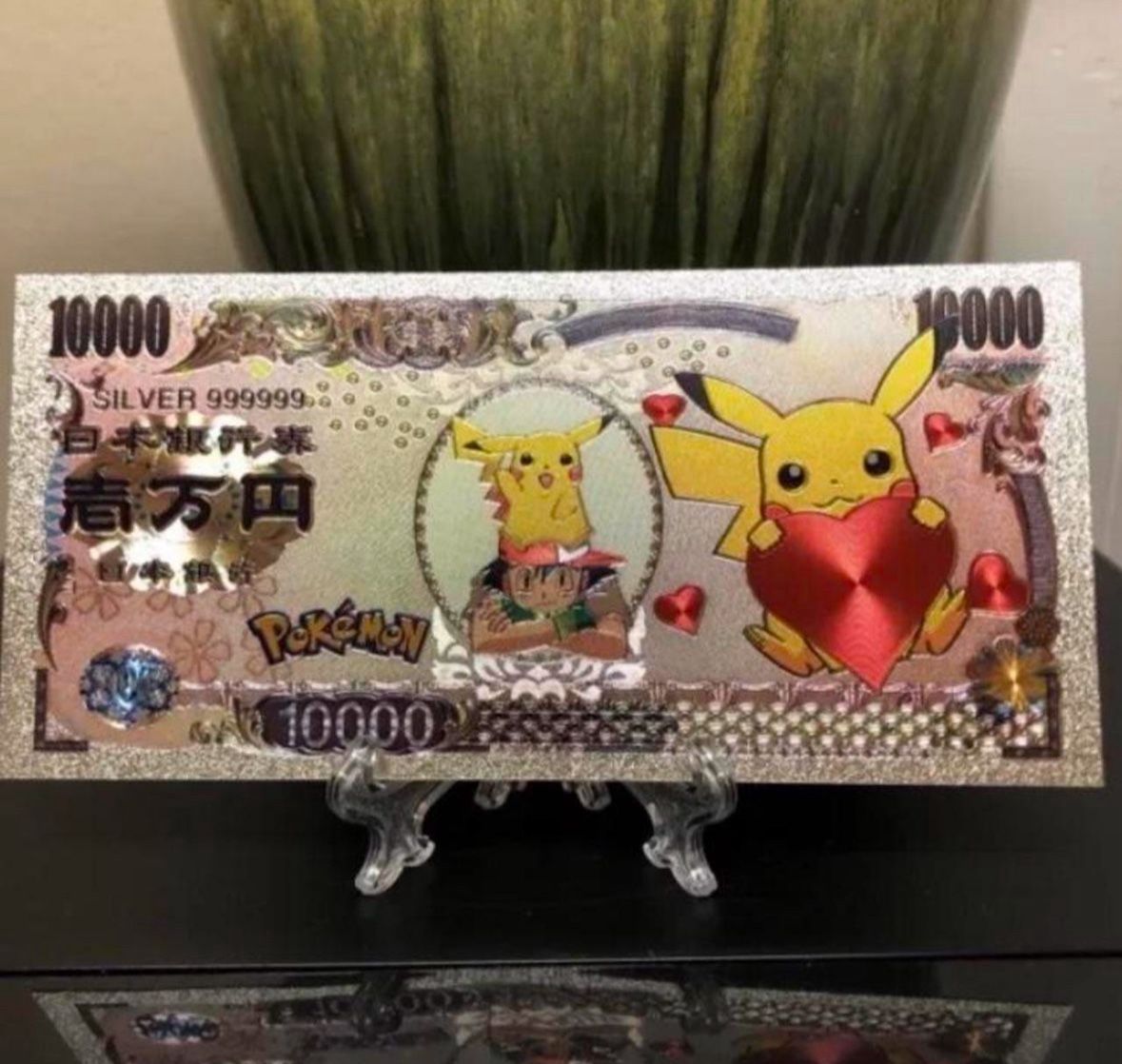 Silver Foil Plated Pikachu holding a heart (Pokémon) Banknote