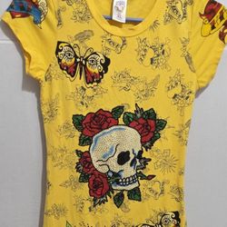 Women's Ed Hardy Yellow  Mini Dress Skull Design Size XL Runs Small 