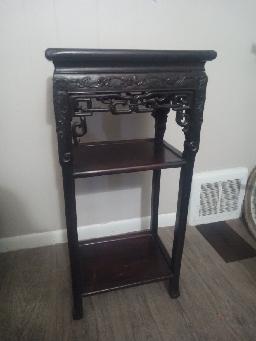 Chinese Carved Rosewood and Red Marble Side Table