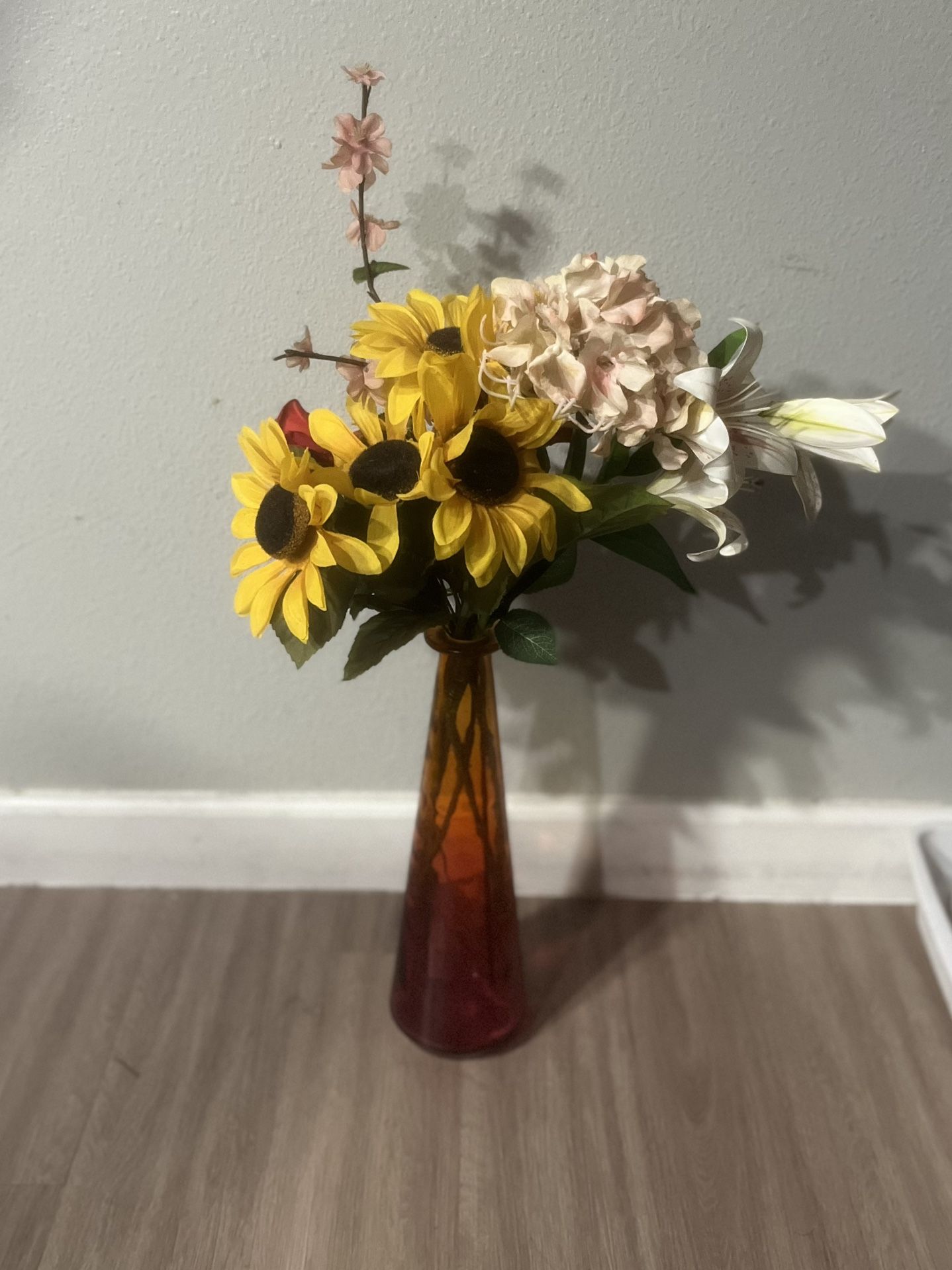 Crimson and Gold Vase With An Assortment Of Flowers 