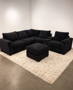🛋️ New Black Corduroy Modular Sectional Sofa Set with Ottoman