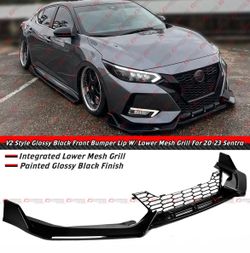 20-23 Nissan Sentra V2 Gloss Black Front Bumper Lip W/ Lower Grill