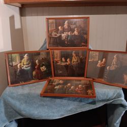 Bernard Pothast 5 Beautiful Signed Prints B. Pothast On Linen Original Vintage Wood Frames 9"×12"