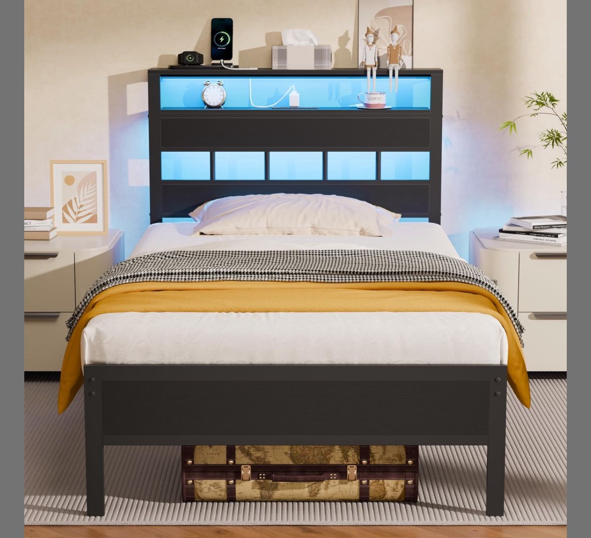TWIN BED FRAME WITH LED LIGHTS/CHARGING STATION 👇CROSSROADS👇