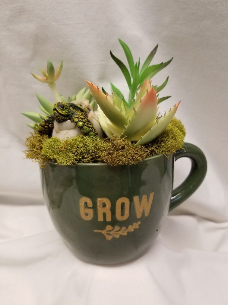 Succulent (Artificial)with Baby Turtle In GROW Mug