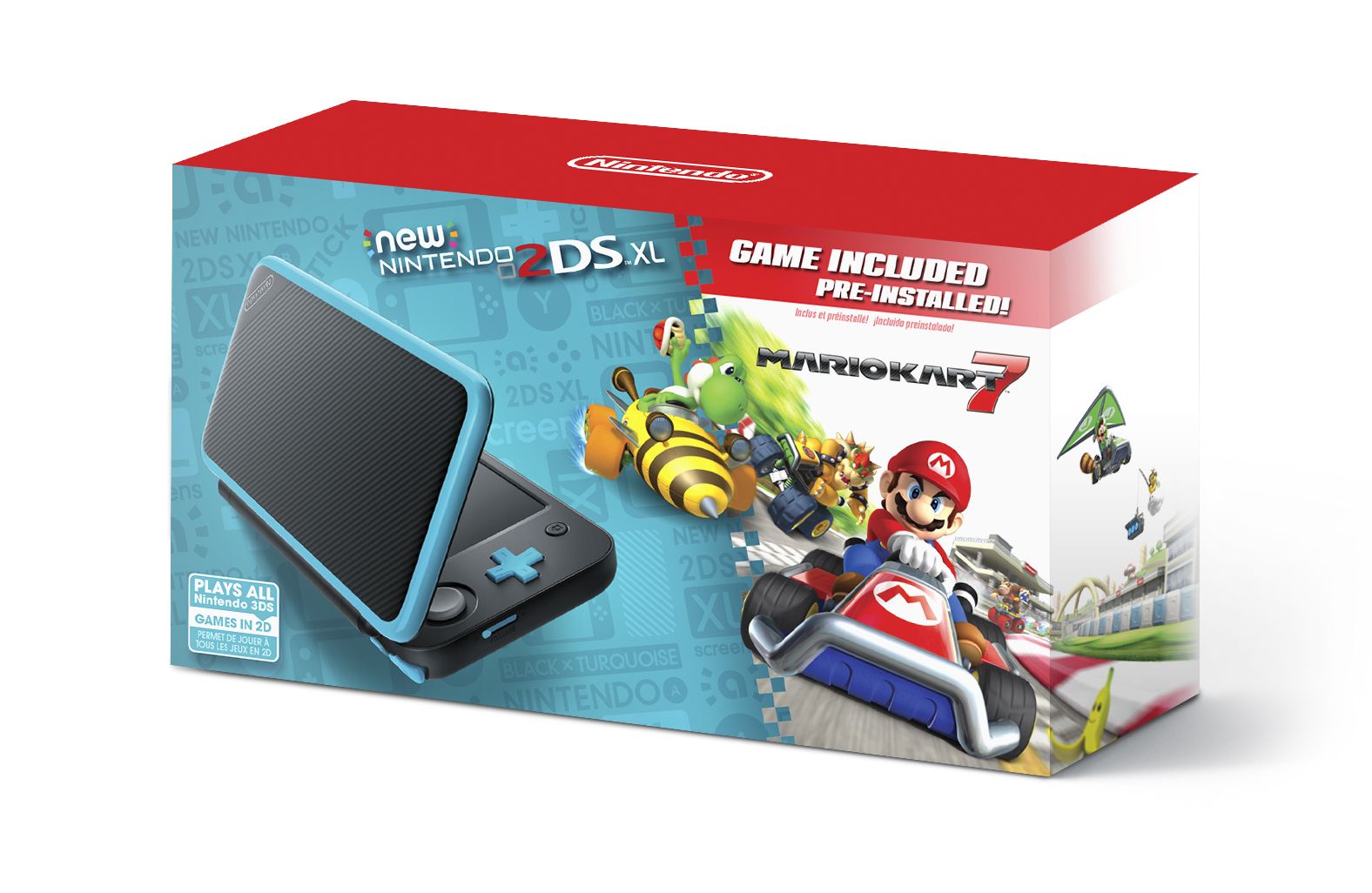 "New" Nintendo 2DS XL System with Mario Kart 7 Pre-installed game Black Turquoise Blue Handheld console no 3ds