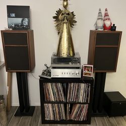 Yamaha Amplifier With Vintage Technics Turntable And Vintage Wharfedale Speakers  And Record Collection 