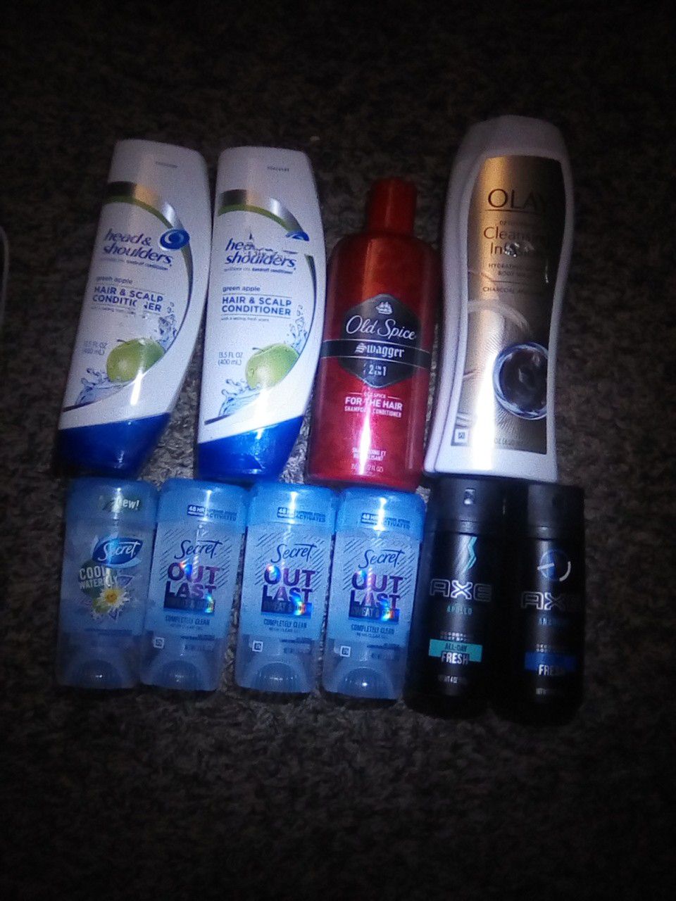 2 head & shoulders conditioner, old spice SWAGGER 2in1 wash, olay body wash, 2 axe body sprays & 4 secret deoderants