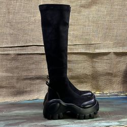 Black vegan leather suede pull on knee-high chunky sole boots sz 6.5 punk goth casual