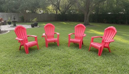 $60 for all 4! 4 Red Plastic Patio Garden Outdoor Adirondack Lounge Chairs with Cup Holders! Sturdy no breaks. Stackable