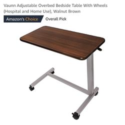 Vaunn Adjustable Overbed Bedside Table With Wheels (Hospital and Home Use), Walnut Brown NEW