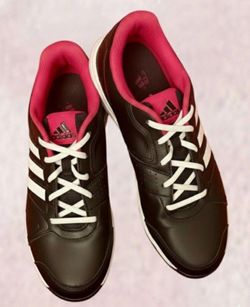 ADIDAS SHOES, SIZE 10 - STYLISH BLACK WITH PINK ACCENTS AND WHITE STRIPES