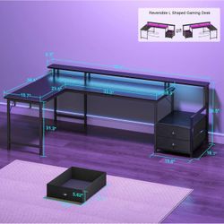 Korfile 66'' L Shaped Gaming Desk with Storage Drawers, Power Outlets, LED Large Black Computer Desk with Host Stand, Reversible Corner Design for Gam