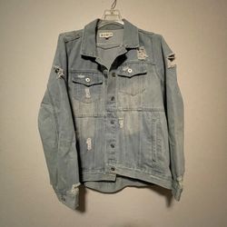 Waimea, woman’s Light Blue Distressed Jean Front Pockets Denim Jacket, Size L