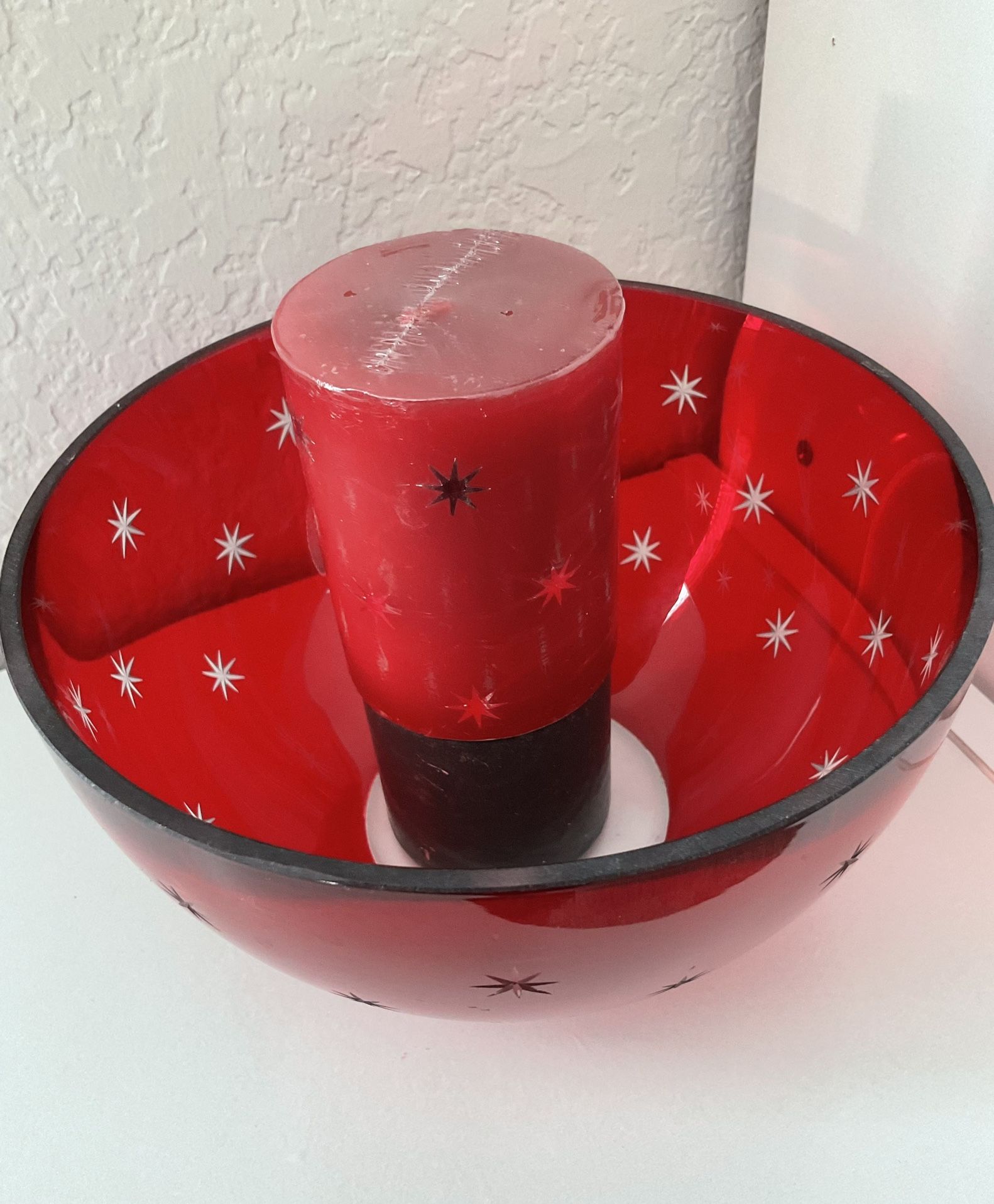 Teleflora Red Crystal Bowl w/Etched Stars + Matching Candle + Pillar