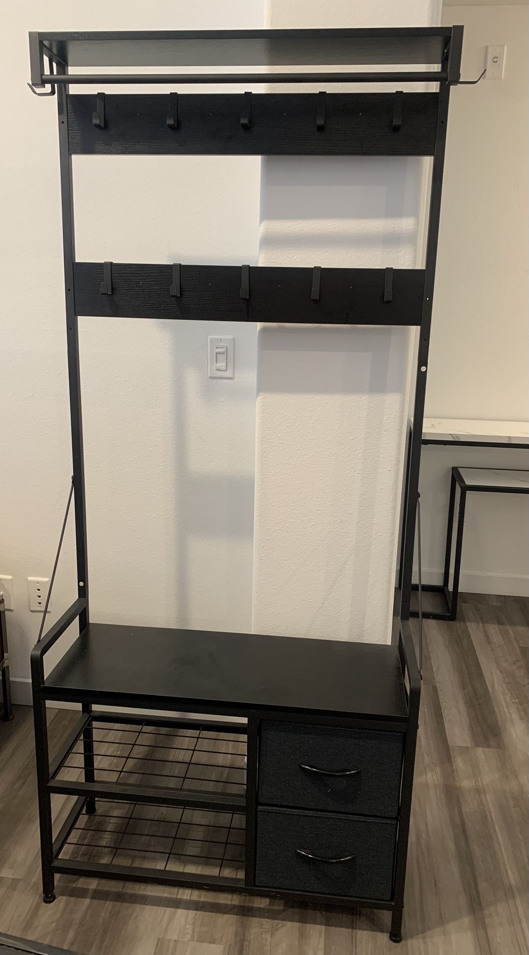 Modern Entryway Hall Tree with Bench, Hooks, Shelves & Storage Drawers – Black Metal Frame