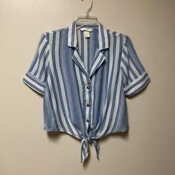Women’s H&M Rayon/Linen/Cotton Blue & White Striped Short Sleeve Button Front Top… Size 2/small