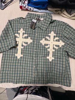 2XL Watson Green Plaid Button-Up Shirt with Cross Patches
