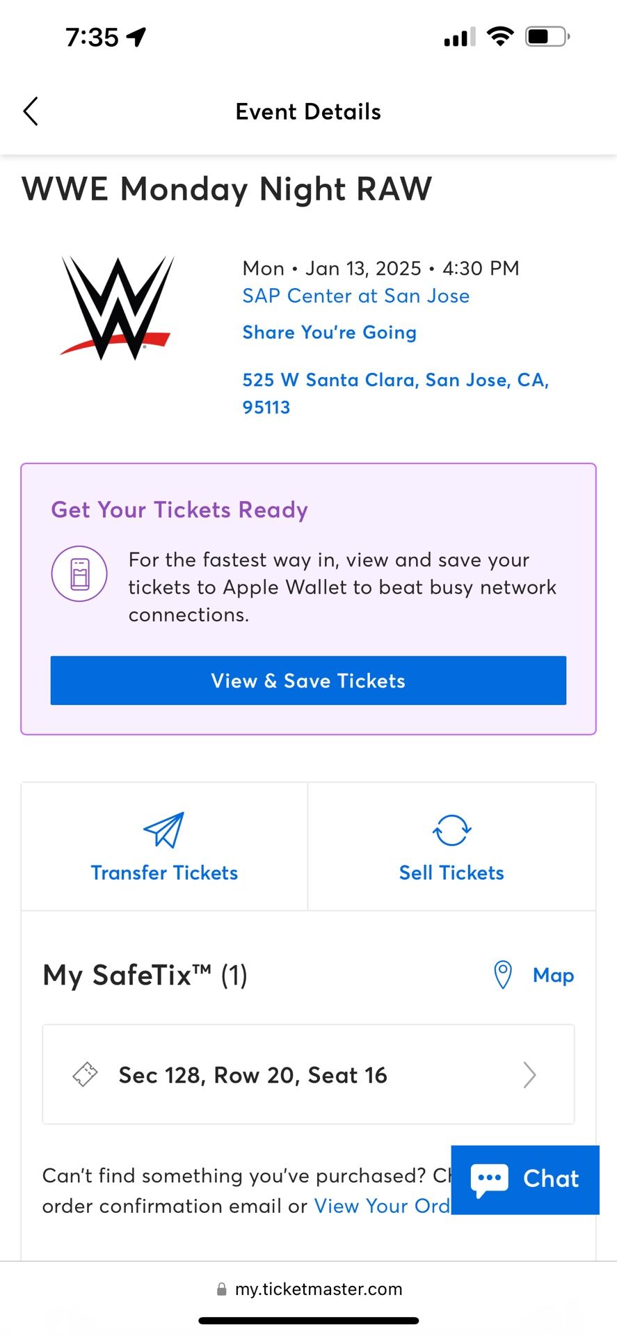 MONDAY NIGHT RAW SAN JOSE 1 TICKET