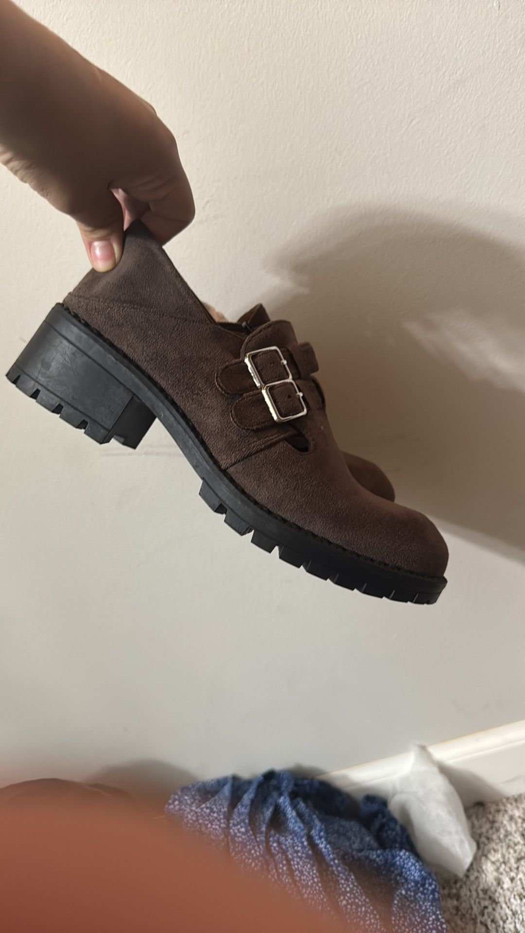 Brown and black suede mules with chunky heel