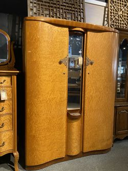 ARMORE: Antique Birds Eye Armoire "Rota-Unit Pat no 695132" w/ 2 doors & long middle mirror As Is (wear & tear)  SKU RBL4VB