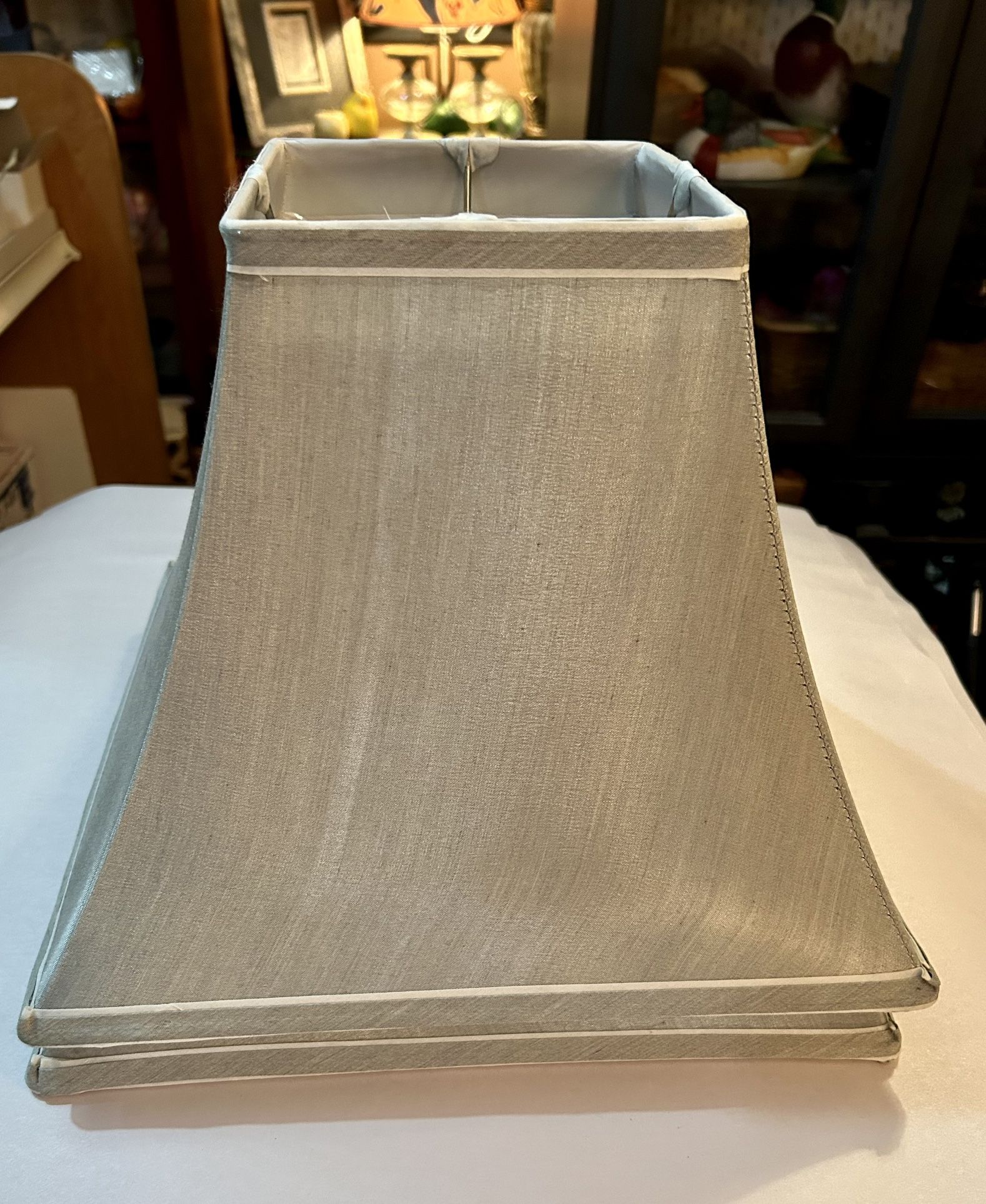 Pair, Green Lamp Shades With White Trim