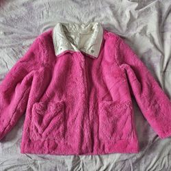 Hot pink furry faux shiny leather reversible button up coat pleather jacket w/ pockets on both sides NEW unworn