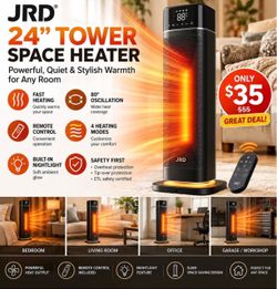 JRD 24” Electric Space Heater w/ Remote – 80° Oscillation