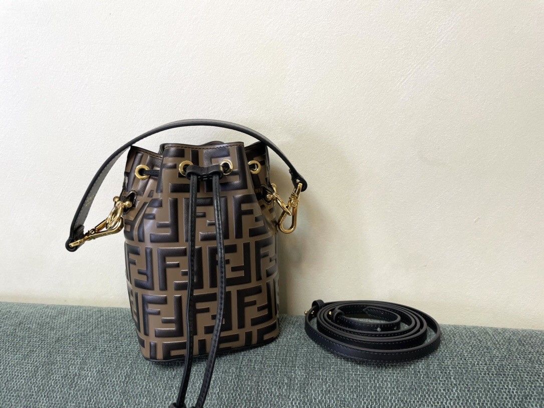 Fendi Mon Tresor Bucket Bag Shoulder Calf Leather Ff/Zucca Brown Black