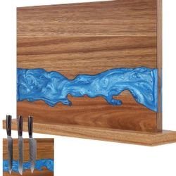 Magnetic Knife Block, Double Sided knife storage, Acacia Wood Stand for Kitchen Counter, Blue Resin River, 12.59×9.84IN (No Knife) 