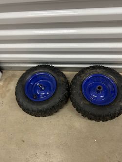 pneumatic utility wheels with blue steel rims and rubber tirest