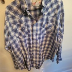 Vintage Wrangler Blue/white Plaid Snap Button Down Long Sleeve Shirt Men XL