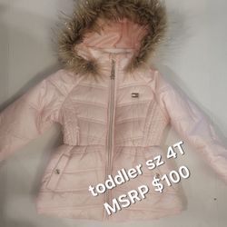 New Size 4T Tommy Hilfiger Girls Winter Coat Pink Faix Fur Trim