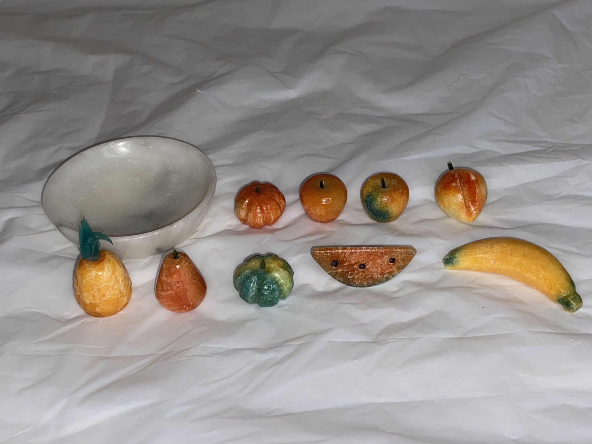STONE Fruit 9 pcs Carved ONYX alabaster Apricot peach banana watermelon bowl