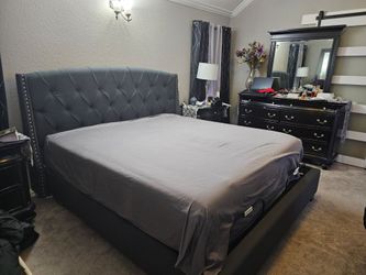 Ashley  king grey studded headboard. Side rails and  foot board