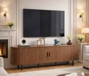 TV Stand 80 inches with Sliding Doors " TV Entertainment Center with Storage, Power Outlet and Adjustable Shelves, Fluted Wooden TV Console for Living
