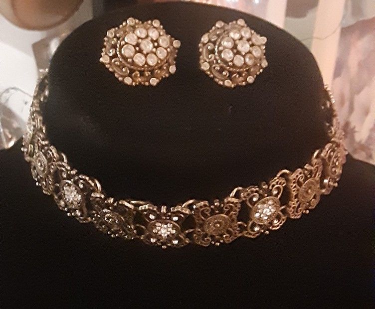 Vintage Brass & Crystal Decorative Choker + Earrings