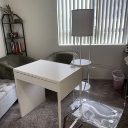 Desk, Acrylic Chair, Shelf Lamp